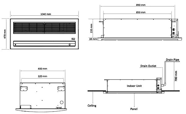 ابعاد فن کویل کاستی یک طرفه گرین مدل G1WF-300P1