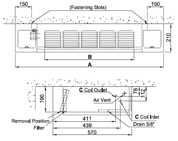 ابعاد فنکویل سقفی با کابینت ساران مدل SRFCHE-200