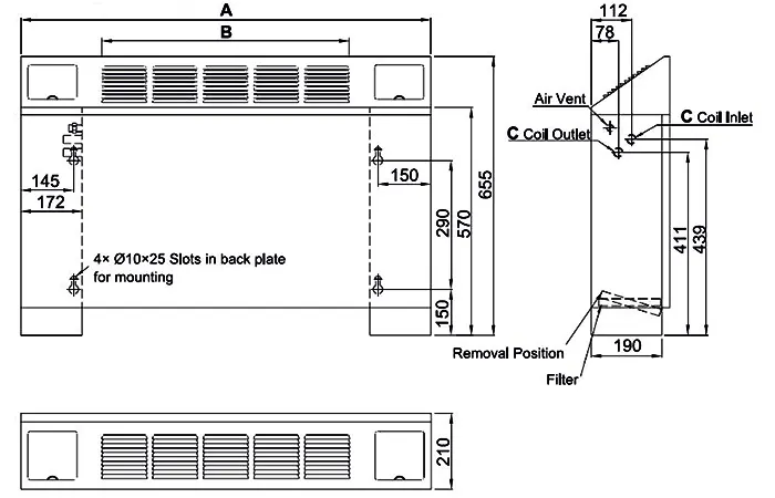 ابعاد فن‌کویل زمینی شیب دار ساران مدل SRFCSE-1000