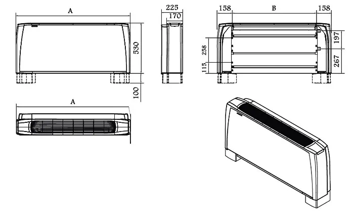 ابعاد فن‌ کویل زمینی کریوه پایه دار تهویه مدل SV-300
