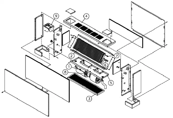اجزای اصلی تشکیل دهنده فنکویل زمینی بالازن ساراول مدل SF-TE-12