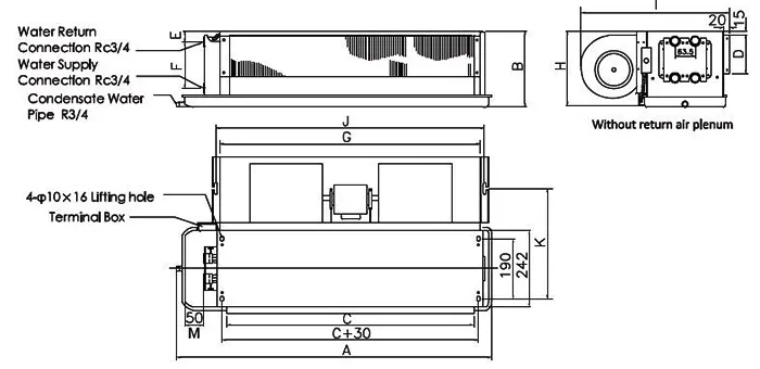 ابعاد فن کویل سقفی توکار تیکا (TICA) مدل TCR400J